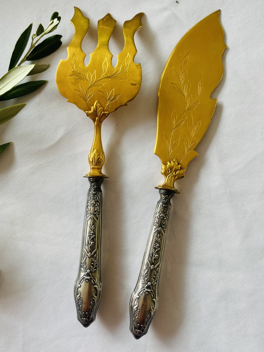 Ancien service à poisson argent massif doré Louis xv