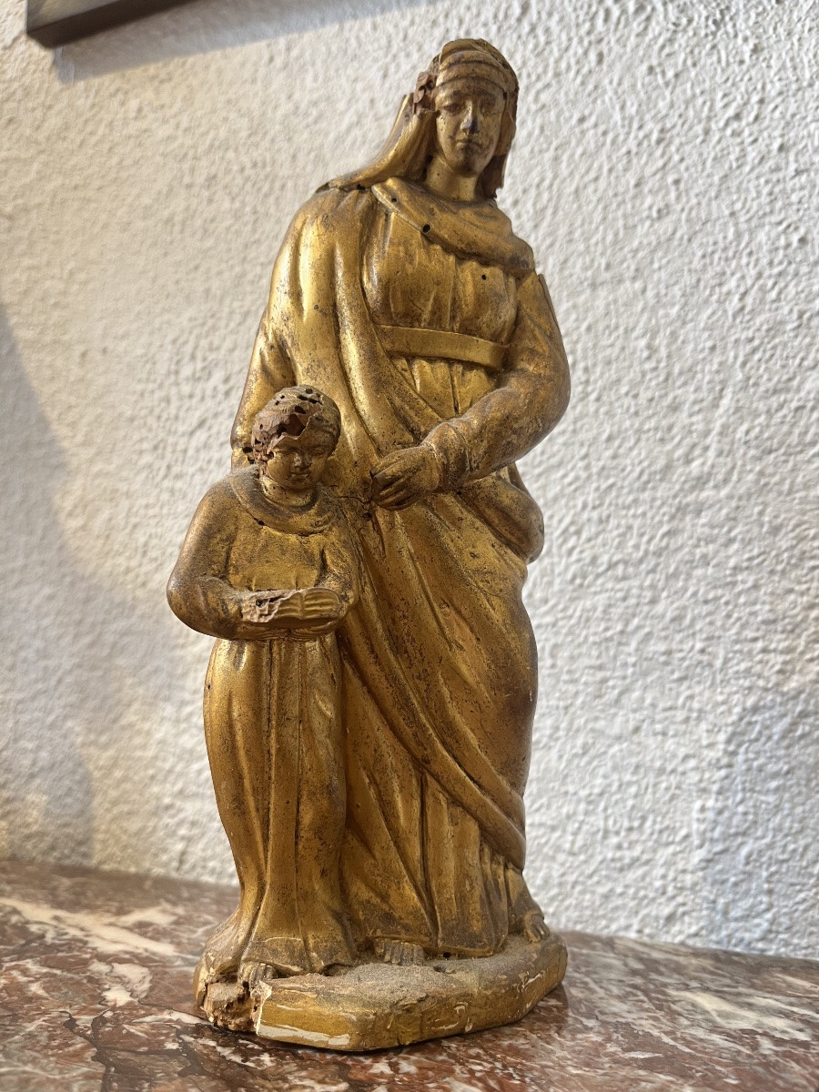 Antique Sculpture Of The Virgin And Child, Gilded Wood, 19th Century -photo-2