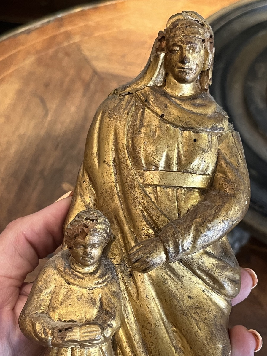 Antique Sculpture Of The Virgin And Child, Gilded Wood, 19th Century -photo-4