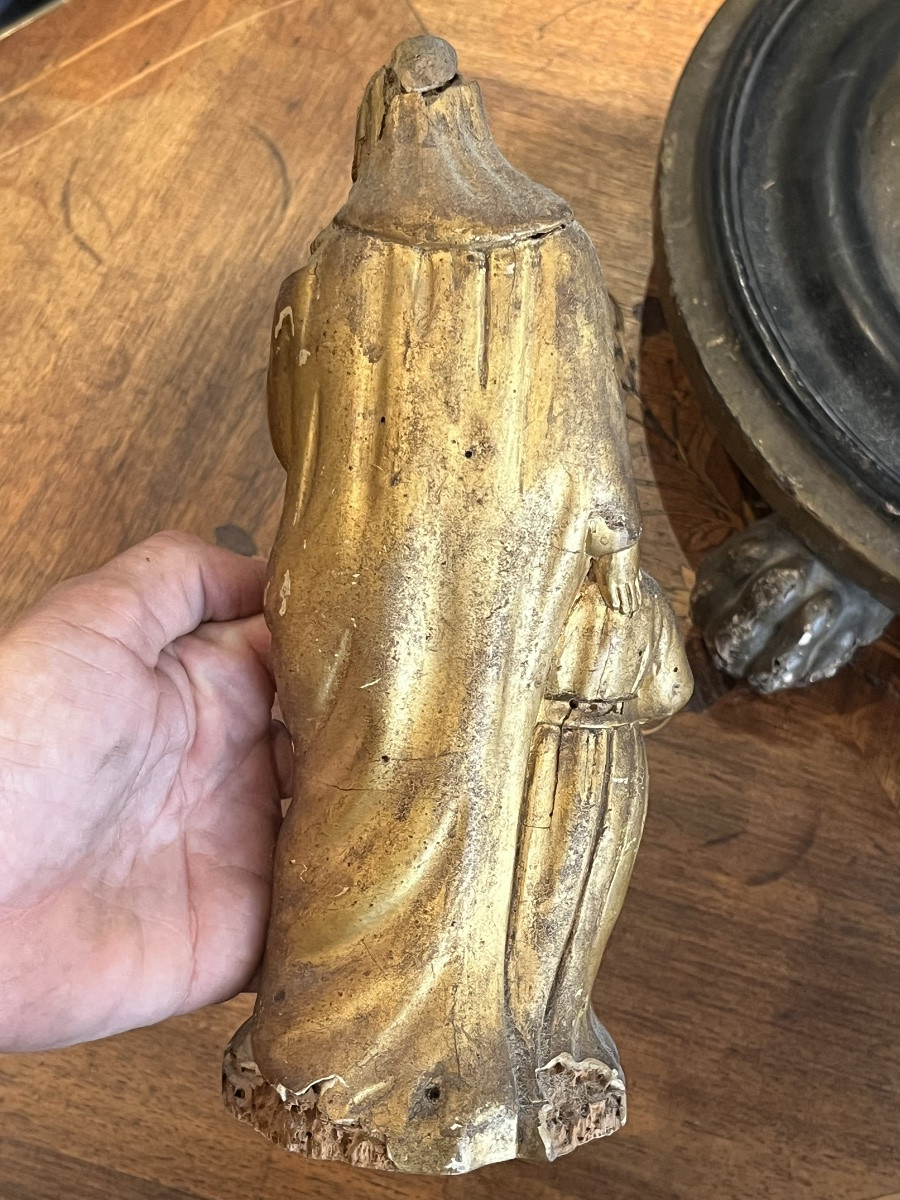Antique Sculpture Of The Virgin And Child, Gilded Wood, 19th Century -photo-3