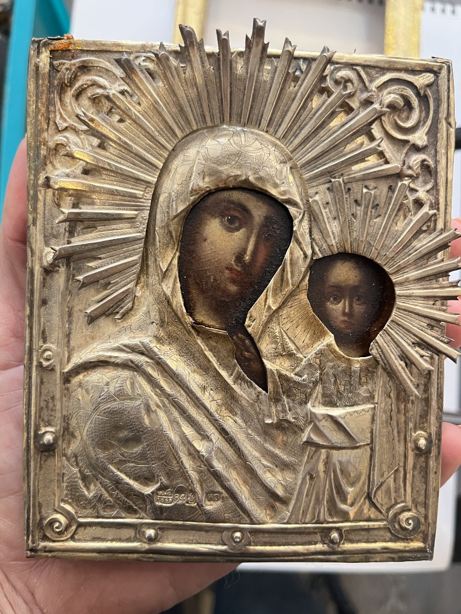 Antique Russian Solid Silver Icon Mother Of God -photo-2