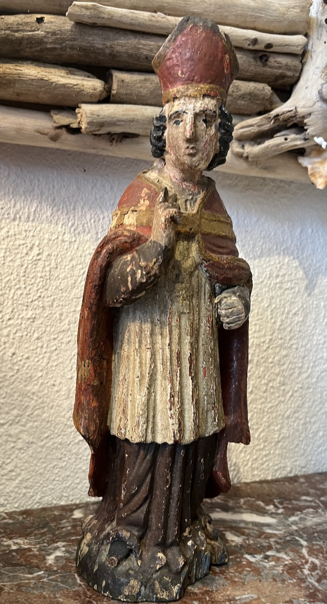 Évêque bois sculpté polychrome fin XVIII sculpture religieuse