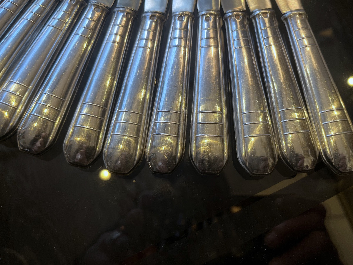 12 Dessert Knives With Solid Silver Handles, Art Deco Style -photo-2