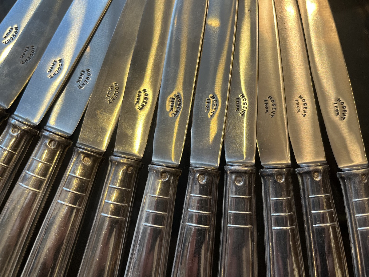 12 Dessert Knives With Solid Silver Handles, Art Deco Style -photo-3