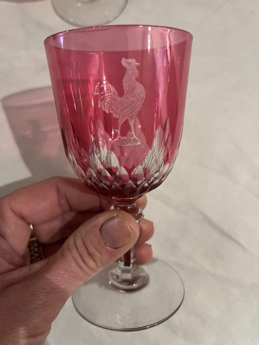12 Pink Crystal Glasses With Rooster Decoration, 19th Century, Baccarat Richelieu -photo-2