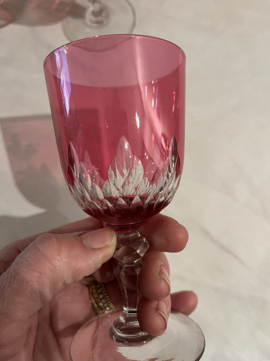 12 Pink Crystal Glasses With Rooster Decoration, 19th Century, Baccarat Richelieu -photo-3