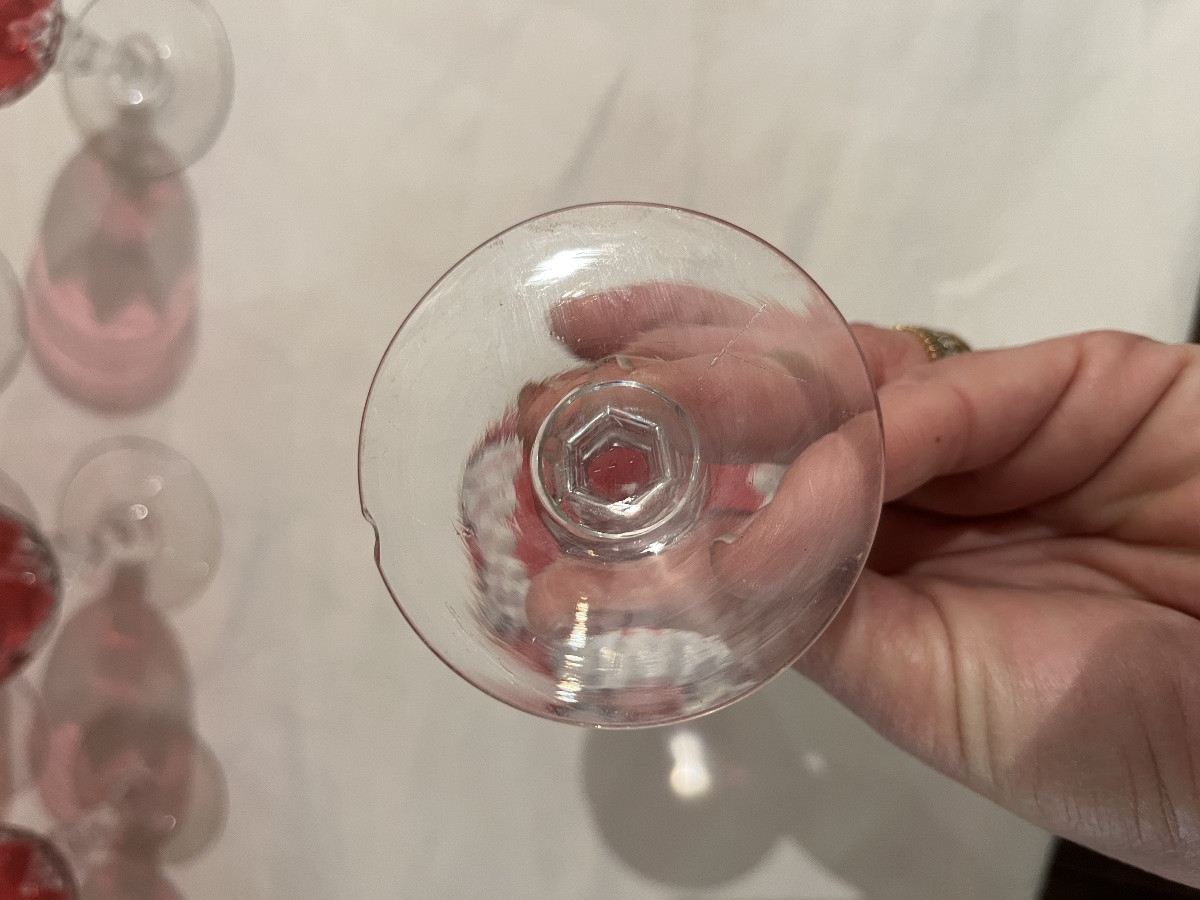 12 Pink Crystal Glasses With Rooster Decoration, 19th Century, Baccarat Richelieu -photo-4