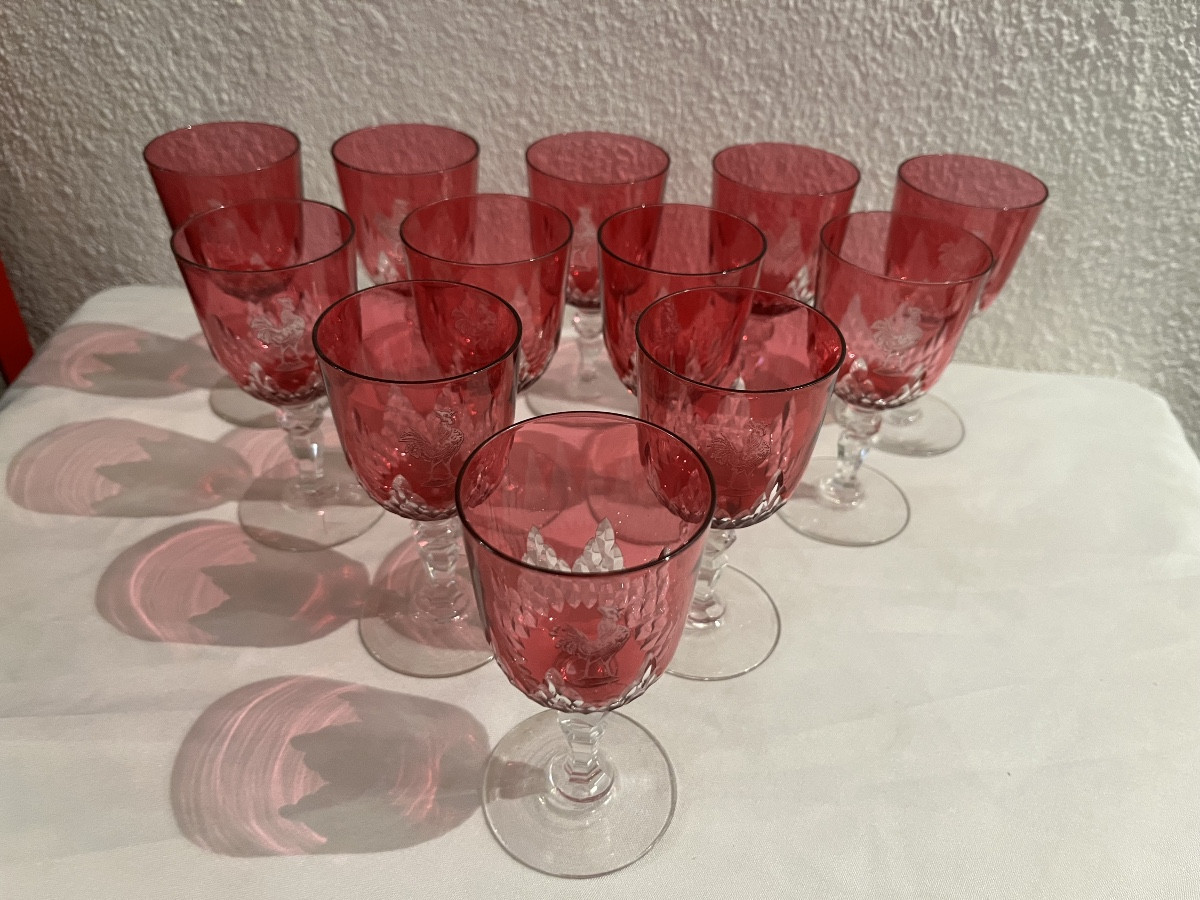 12 Pink Crystal Glasses With Rooster Decoration, 19th Century, Baccarat Richelieu -photo-1