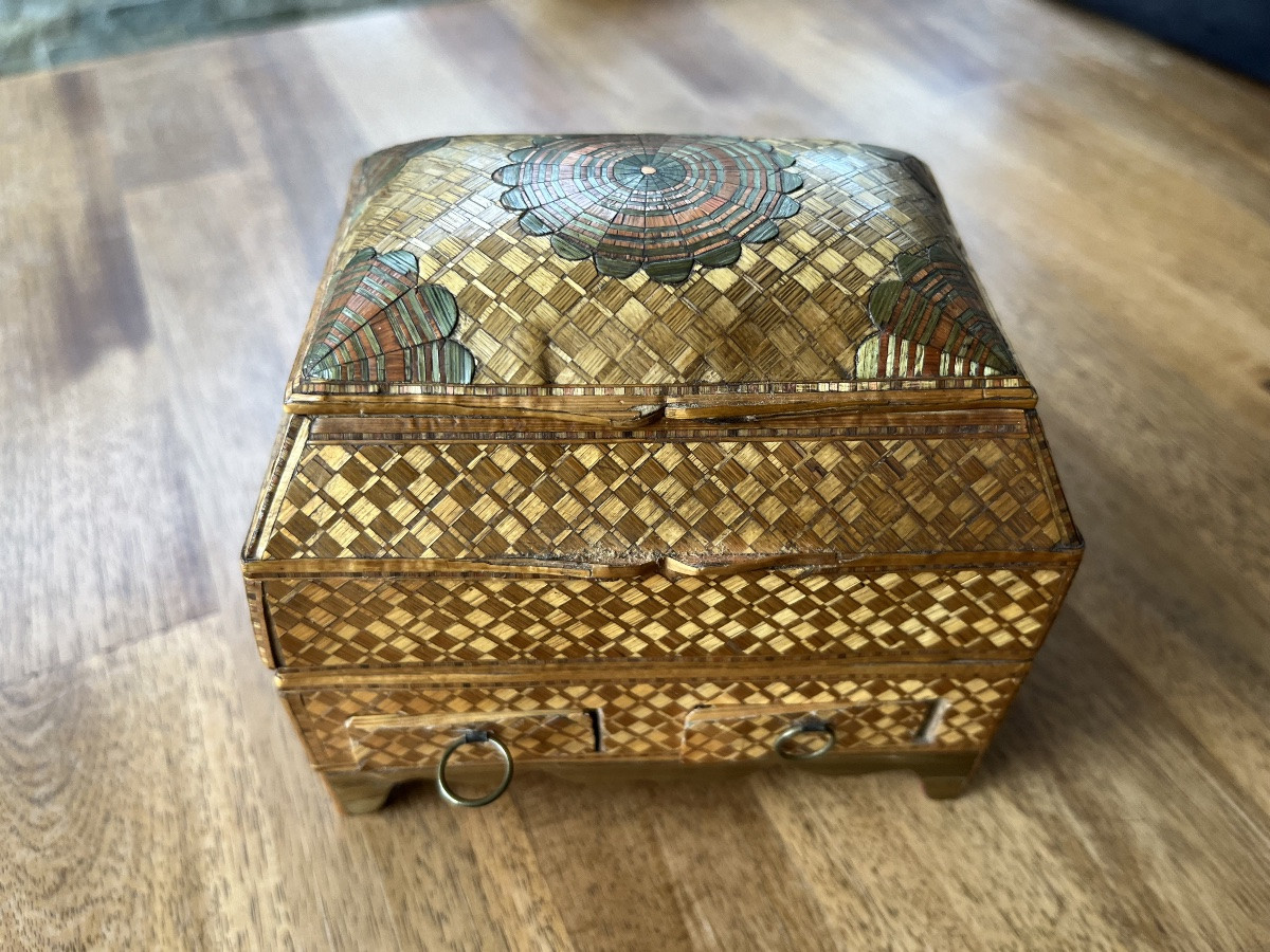 Ancien coffret boîte de voyage marqueterie de paille XVIII senteur-photo-2