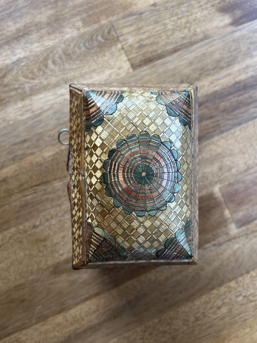 Ancien coffret boîte de voyage marqueterie de paille XVIII senteur-photo-3