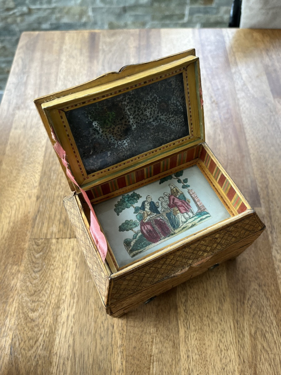 Ancien coffret boîte de voyage marqueterie de paille XVIII senteur-photo-4