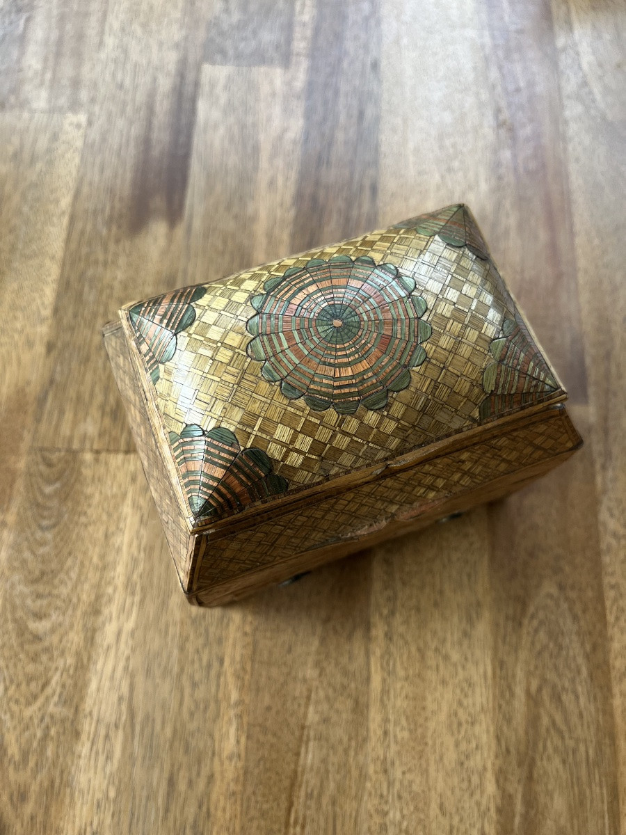 Ancien coffret boîte de voyage marqueterie de paille XVIII senteur-photo-2