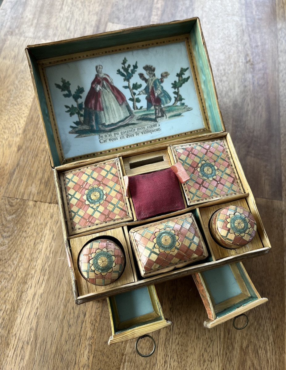 Ancien coffret boîte de voyage marqueterie de paille XVIII senteur