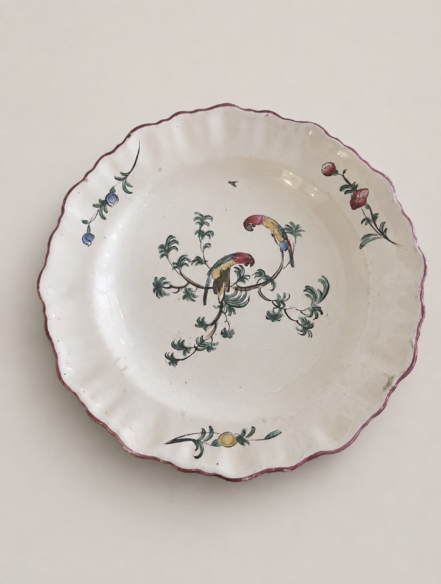Assiette en faïence décor perroquet Moustier Varage 