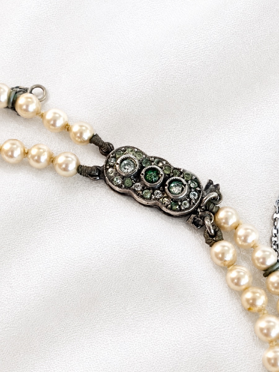 Ancien collier de perles sur deux rangs, fermoir, argent et brillants-photo-2