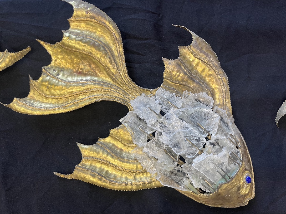 3 Fish-shaped Wall Sconces From The 1970s, Duval Brasseur Style -photo-3
