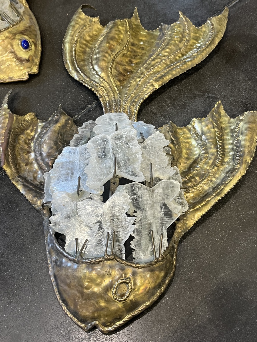 3 Fish-shaped Wall Sconces From The 1970s, Duval Brasseur Style -photo-4