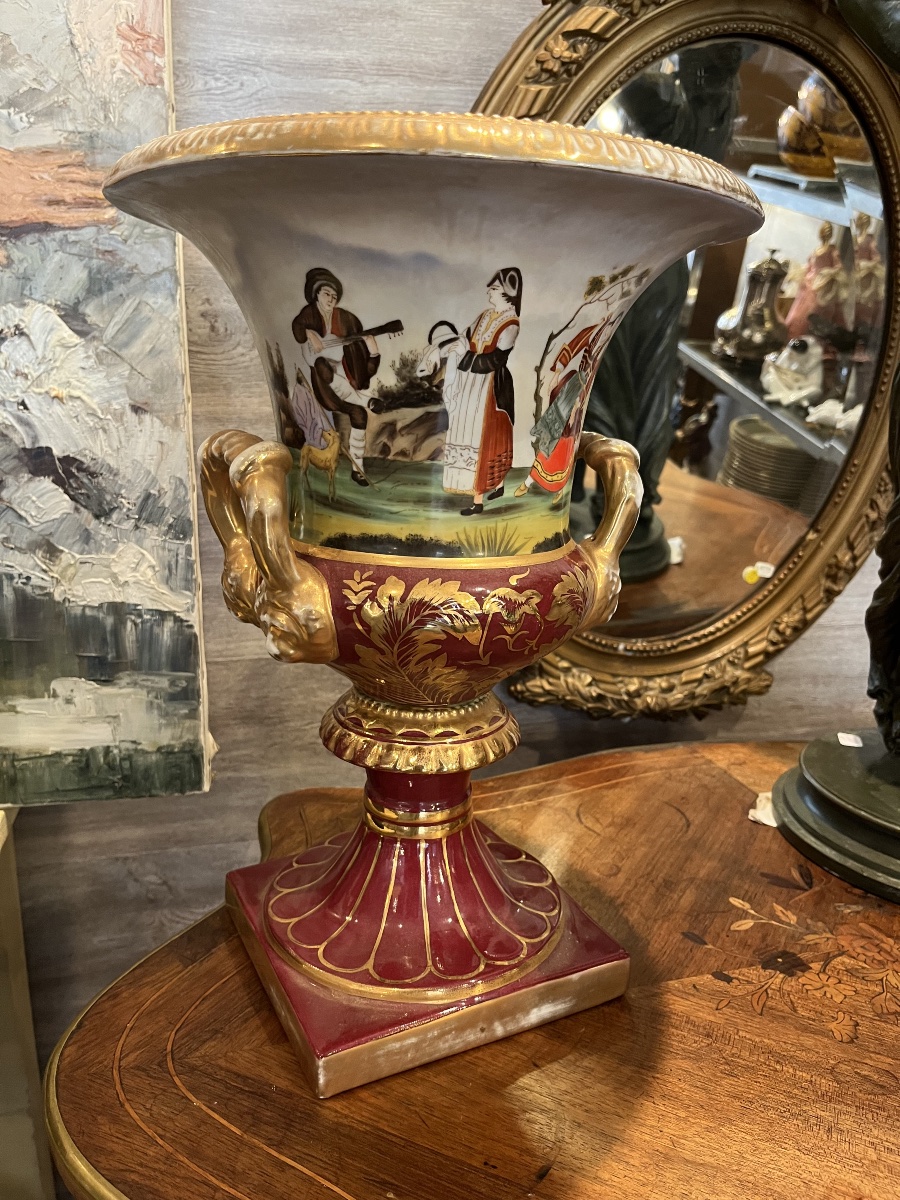 Paire vase Médicis porcelaine peinte fin XIX e -photo-4
