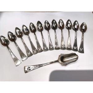 12 Dutch Solid Silver Moka Coffee Spoons 19th Century 