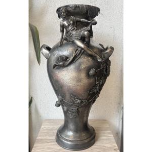Art nouveau rare vase fée ange étain argenté chardon