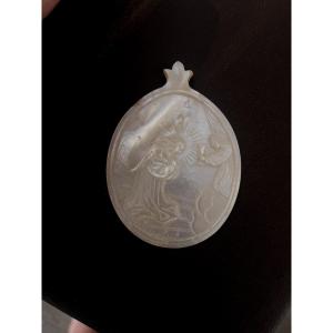 Antique Mother-of-pearl Pendant Carved With Religious Scene, Old Shell
