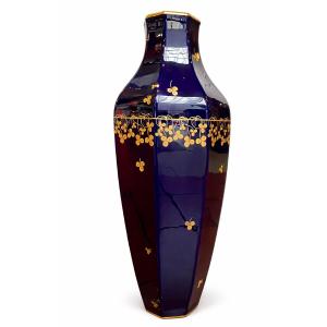 Grand vase porcelaine Sèvres bleu décor doré 