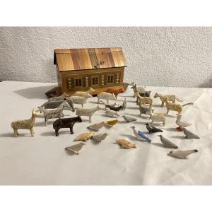 Arche de Noé jouet ancien marqueterie de paille 