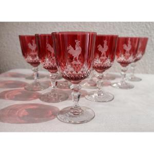 12 Pink Crystal Glasses With Rooster Decoration, 19th Century, Baccarat Richelieu 