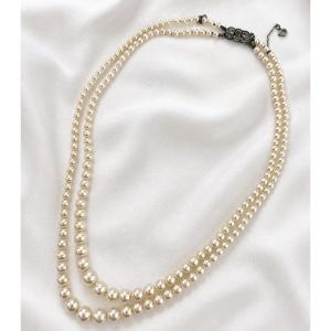 Vintage Two-strand Pearl Necklace With Clasp, Silver, And Diamonds