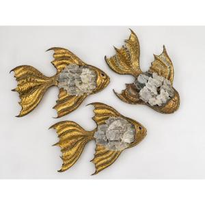 3 Fish-shaped Wall Sconces From The 1970s, Duval Brasseur Style