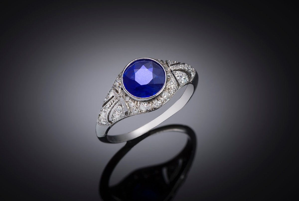 Royal Blue Unheated Natural Sapphire Art Deco Ring (laboratory Certificate) And Diamonds