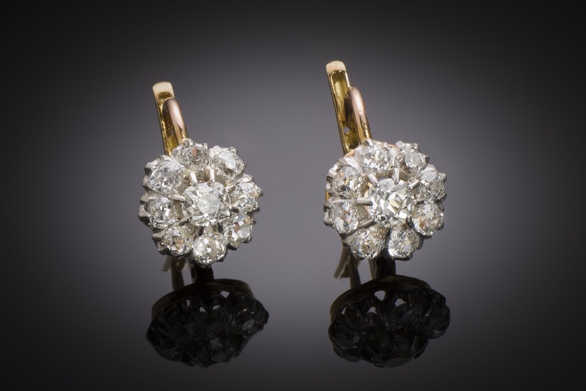 Boucles d’oreilles fin XIXe siècle diamants, 2,10 cts. Travail français poinçon tête de cheval.