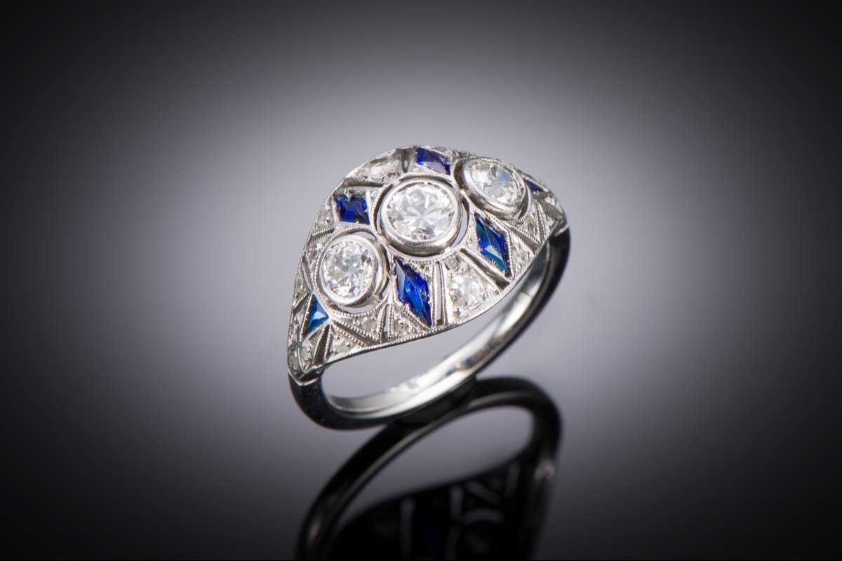 Bague Art déco diamants saphirs en platine