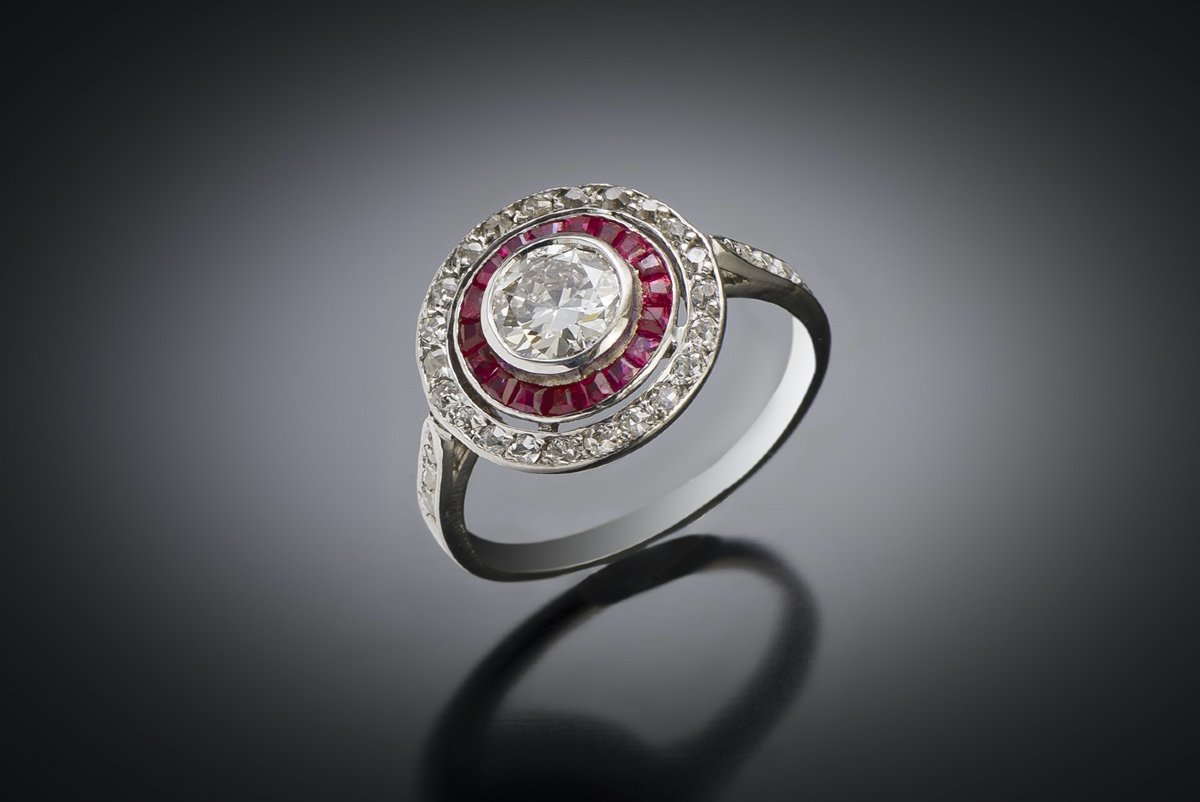 French Art Deco Diamond Ring (0.80 Carat Center) And Ruby