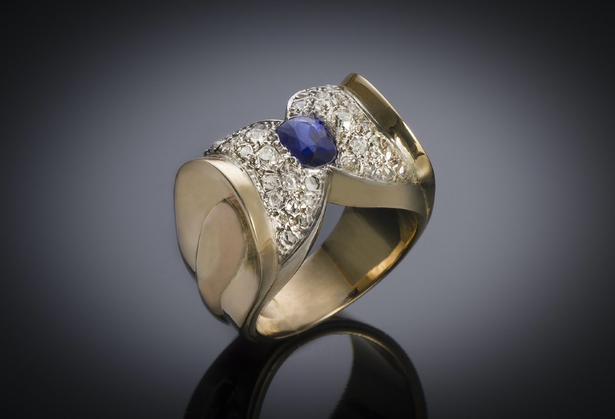 French Ring Circa 1940 Natural Sapphire And Diamond