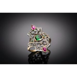 Bague fin XVIIIe siècle tourmaline et diamants (2,7 cm x 2 cm)