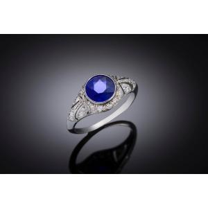 Royal Blue Unheated Natural Sapphire Art Deco Ring (laboratory Certificate) And Diamonds