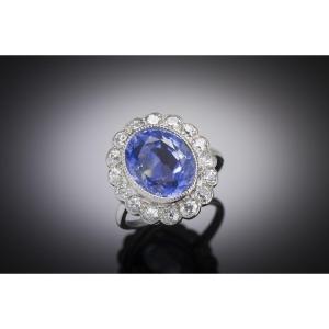 Unheated Sapphire (9.75 Carats, Laboratory Certificate) And Diamond Ring. French Work Circa 193