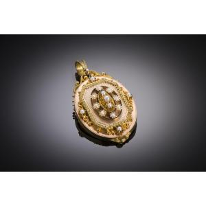 Pendentif / broche émaillé perles fines époque Napoléon III (poinçon or tête de cheval)