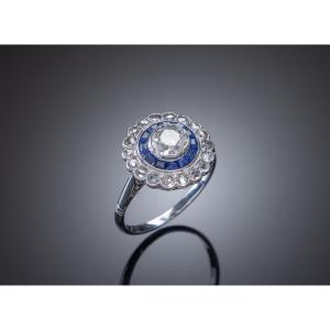 Art Deco Ring With Calibrated Diamonds And Sapphires. French Work Circa 1930.