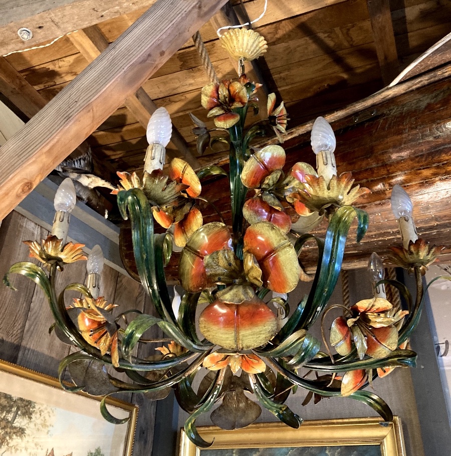 Large 20th Century Polychrome Iron Chandelier With Flower Foliage Decor