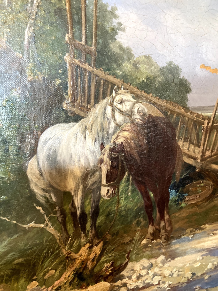 Léon-georges Calves - Les Deux Chevaux Et La Charrette - Signée-photo-4