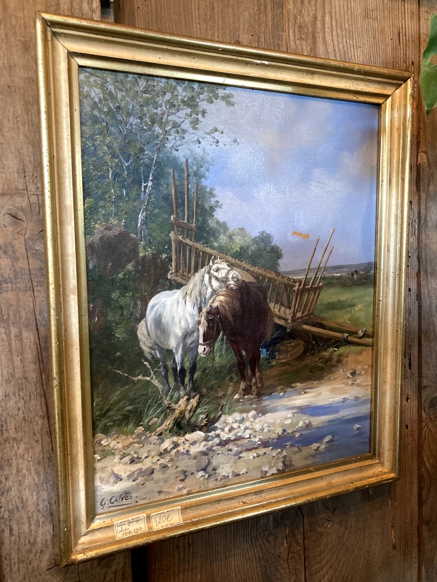 Léon-georges Calves - Les Deux Chevaux Et La Charrette - Signée