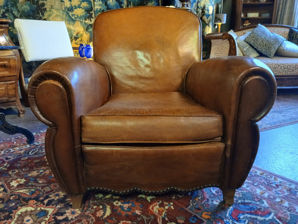 Fauteuil Club cuir havane