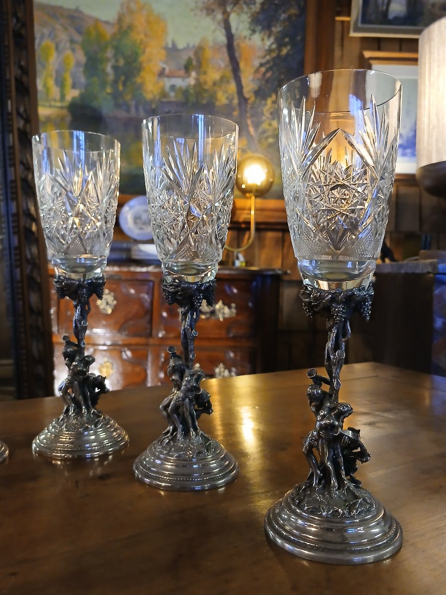 Rare Set Of 6 Crystal Glasses With Silver-plated Metal Bases, Bacchus/dionysus-photo-2