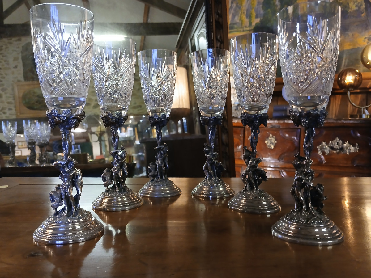 Rare Set Of 6 Crystal Glasses With Silver-plated Metal Bases, Bacchus/dionysus
