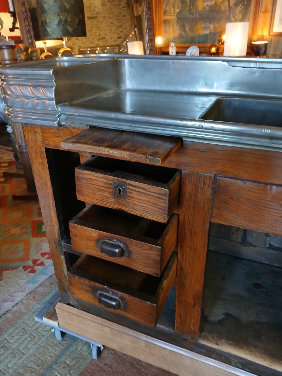 A Very Beautiful And Rare Napoleon III Style Bar Counter, Made Of Pewter And Oak Wood. -photo-3
