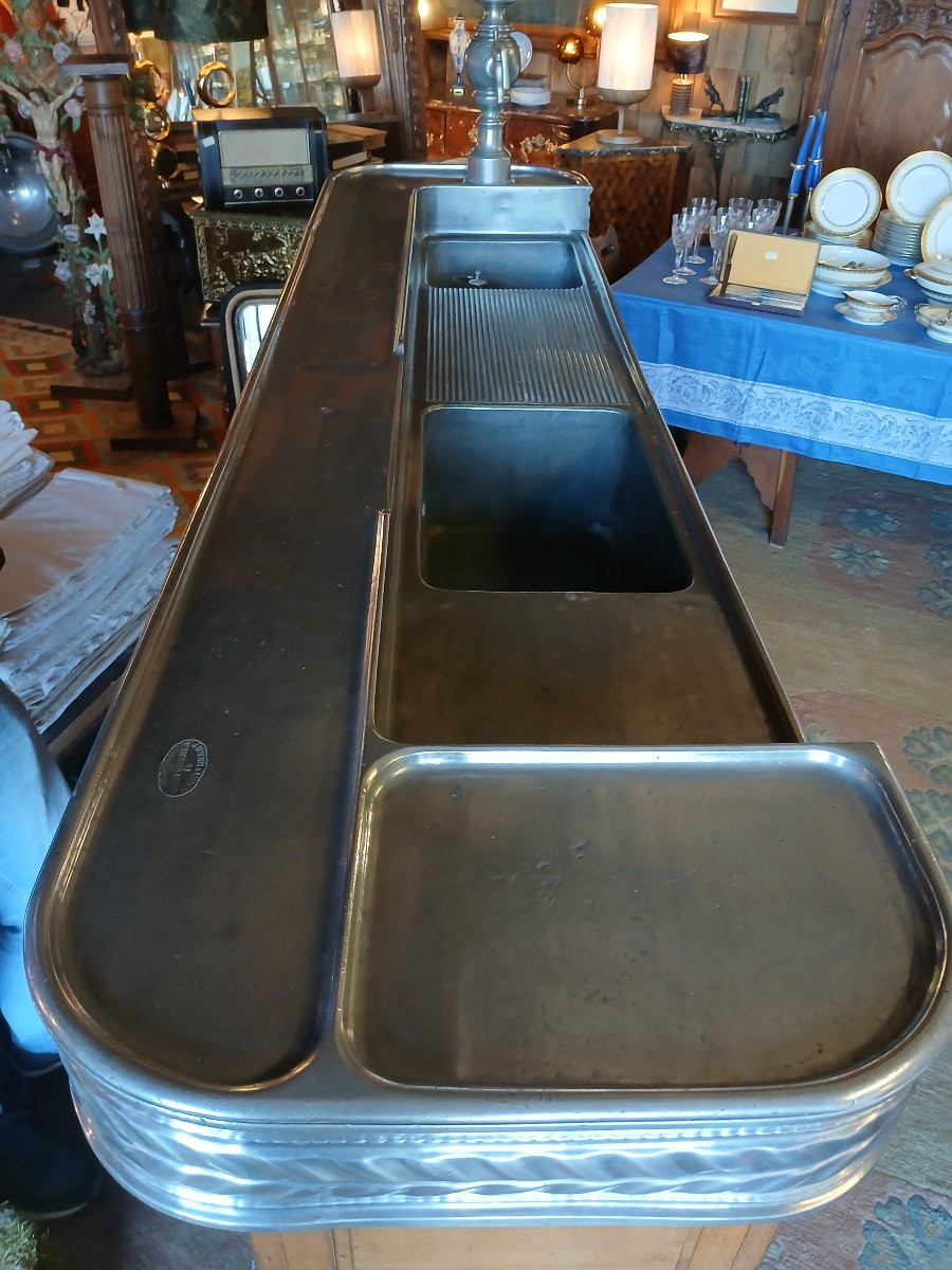 A Very Beautiful And Rare Napoleon III Style Bar Counter, Made Of Pewter And Oak Wood. -photo-4