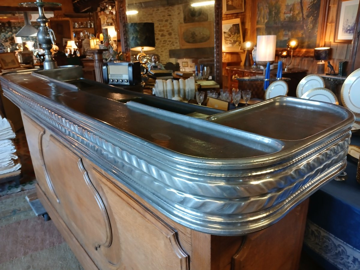 A Very Beautiful And Rare Napoleon III Style Bar Counter, Made Of Pewter And Oak Wood. -photo-6