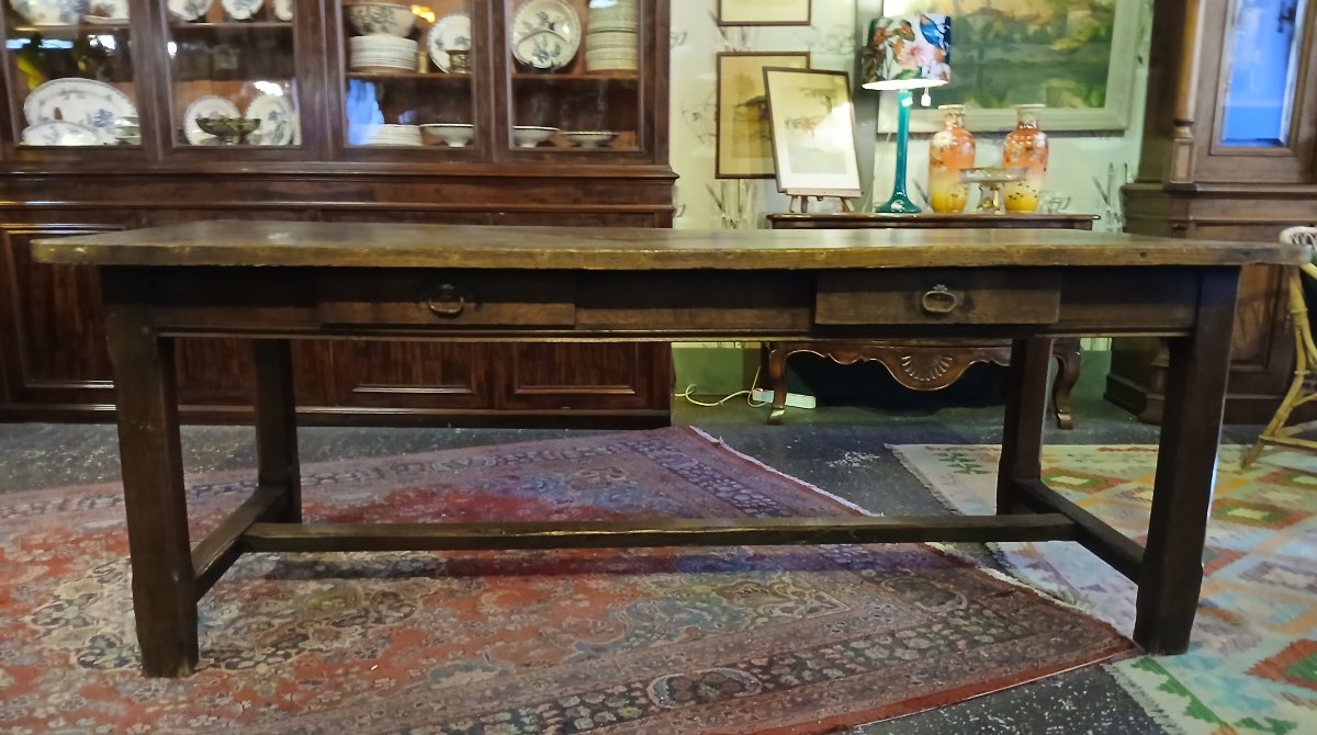 Grande table de ferme en bois de chêne (piètement barre à chat)